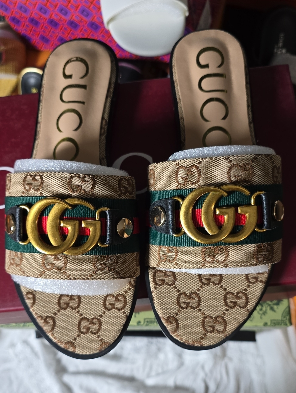 Gucci Beige GG Canvas Slides with Green-Red Web & Gold Double G